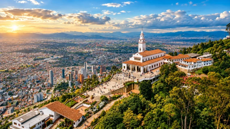 Monserrate sobre Bogotá al atardecer